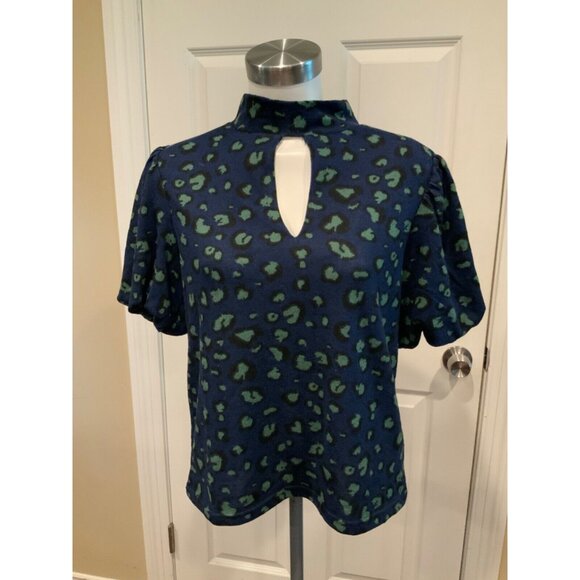 Walter Baker Blue & Green Leopard Puff Sleeve Keyhole Briella Top, Size L, NWT! - Picture 1 of 6